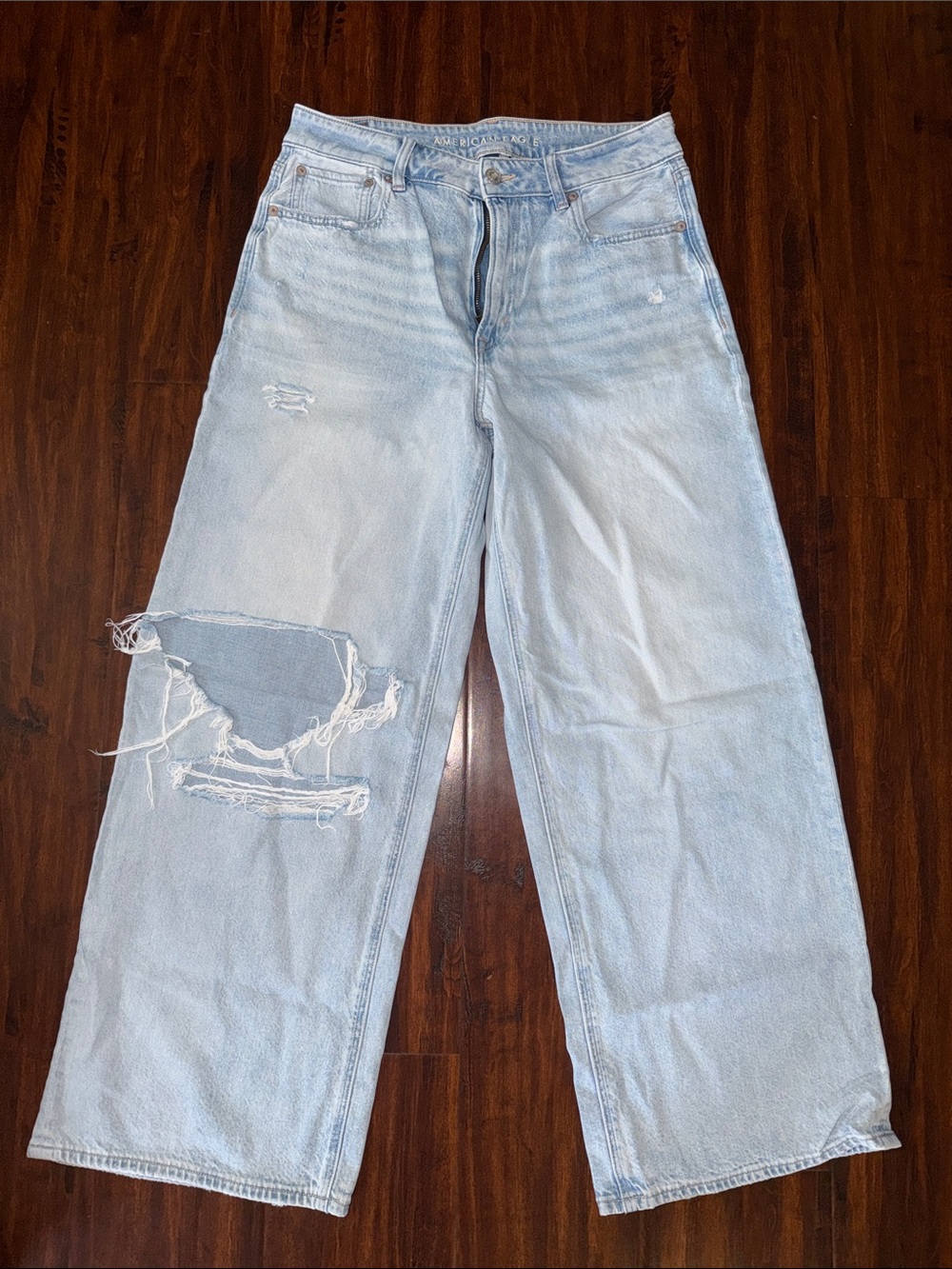Womens American Eagle Outfitters Light Blue Wide-Leg Distressed Jeans
